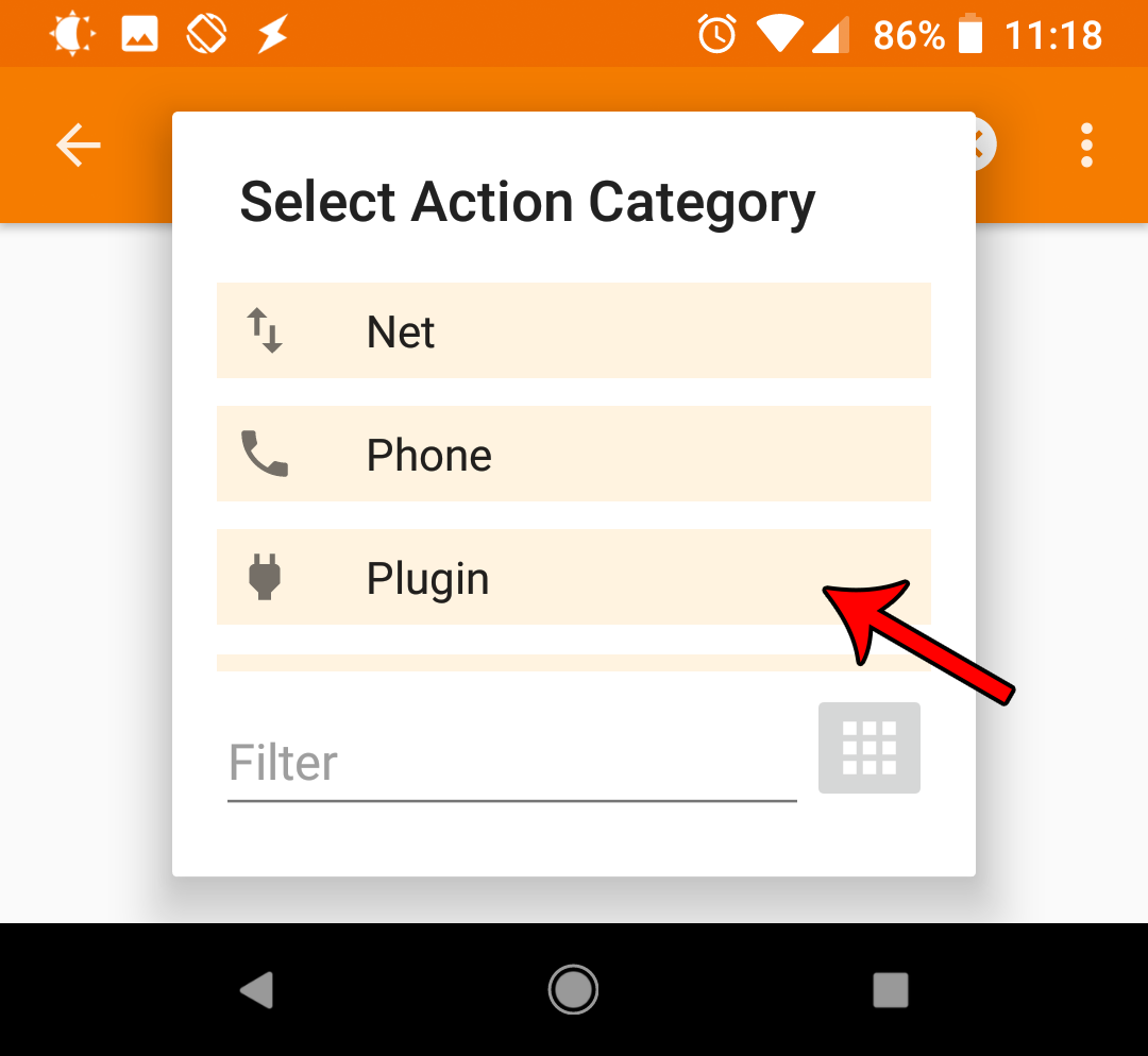 Selecting 'Plugin' from the action category list