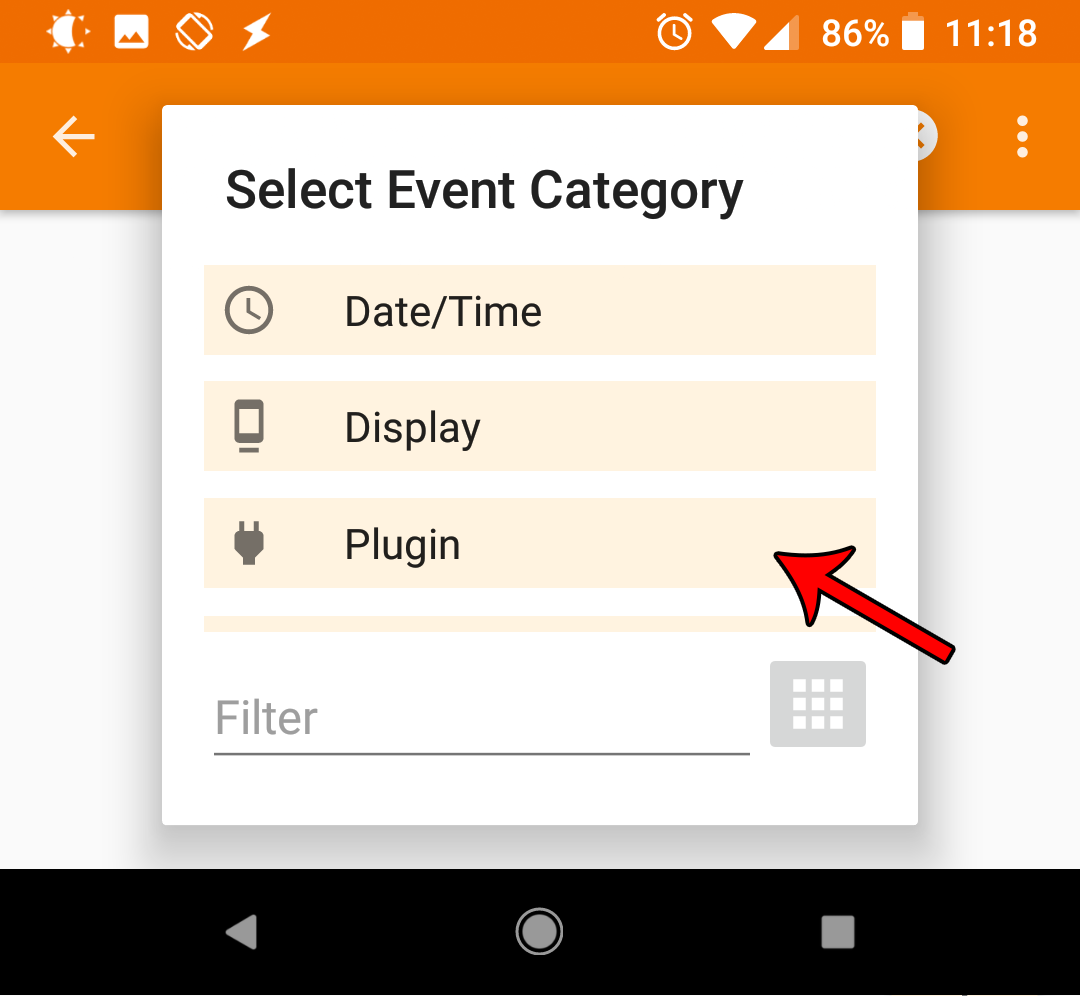 Selecting plugin from the event category list