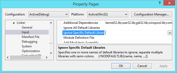 Property Pages dialog pointing out the 'Ignore Specific Default Libraries' option