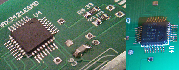 Soldered MAX3421E chip on the board