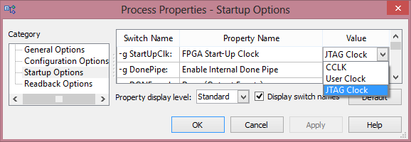 Xilinx process properties window with 'JTAG Clock' selected