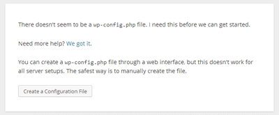 Dialog showing "There doesn't seem to be a wp-config.php file."