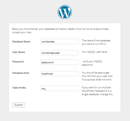 Wordpress database configuration form