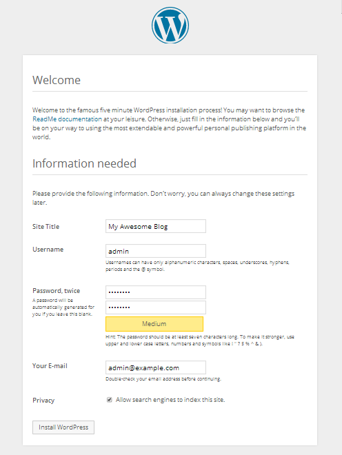 Wordpress install form