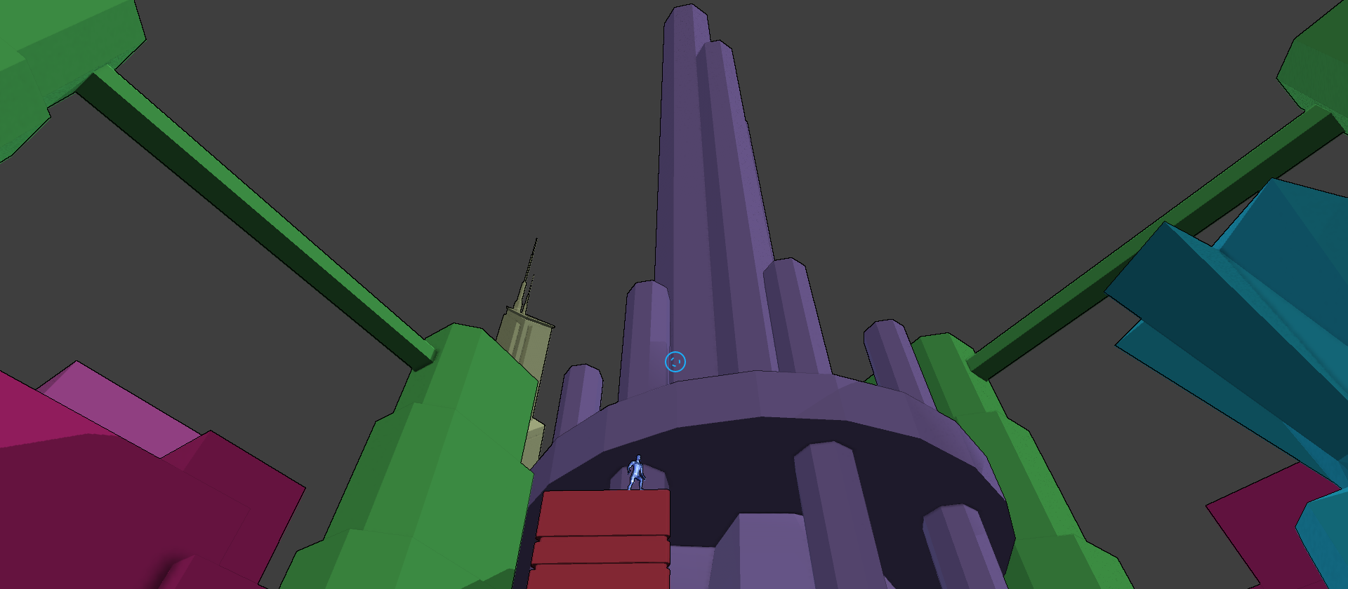 Screenshot of the Super Bounce game looking up at a massive tower and some players up on buildings