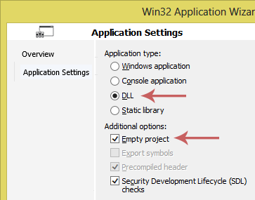 Application Settings Wizard: DLL and Empty Project