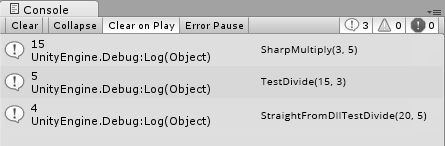 Unity console logs showing the script above running '15 from SharpMultiply(3, 5)', '5 from TestDivide(15, 3)', and '4 from StraightFromDllTestDivide(20, 5)'