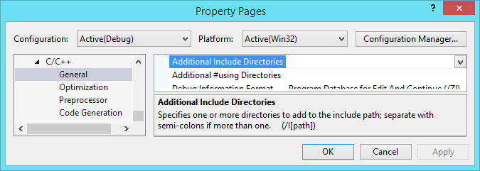 Property Pages dialog pointing out the 'Additional Include Directories' option
