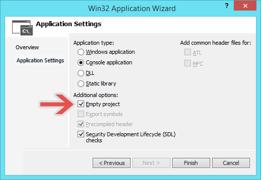 Pointing out the 'Empty Project' checkbox in the Win32 Application Wizard